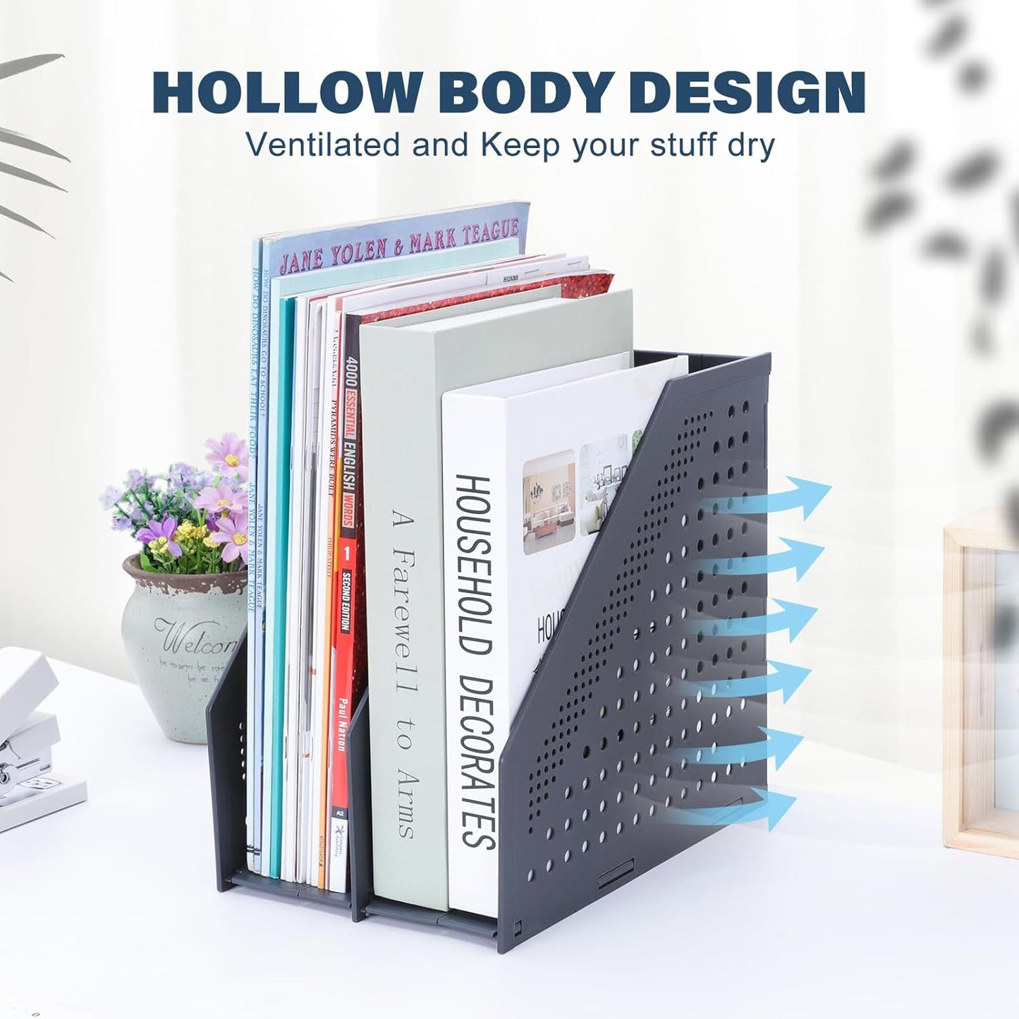 FRETONBA Collapsible Magazine File Holder with 2 Vertical Compartments Foldable Binder Holder for Desk Binder Storage Organizer Plastic Magazine Holders for Shelf, Dark Gray
