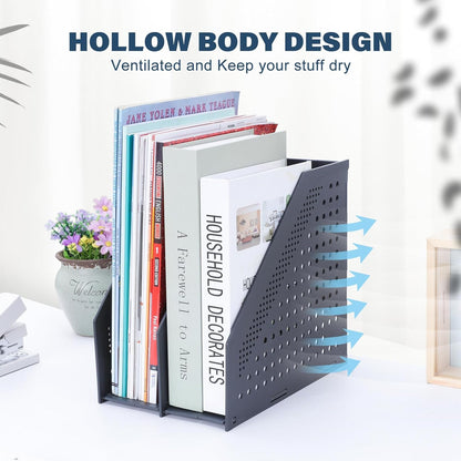 FRETONBA Collapsible Magazine File Holder with 2 Vertical Compartments Foldable Binder Holder for Desk Binder Storage Organizer Plastic Magazine Holders for Shelf, Dark Gray