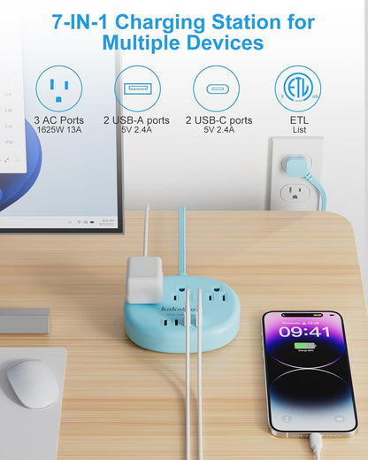 Pink Extension Cord with Surge Protected 1080J - 5 FT Kawaii Power Strip, 1625W Cute Extension Cord with 3 AC Outlet 4 USB (24W/4.8A), Compact for Cute Pink Kawaii Desk Home Essentials