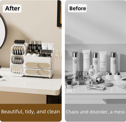 Booklov Makeup Organizer for Vanity, Countertop Cosmetic Display Case with Clear Acrylic Drawers, Bathroom Counter Beauty Caddy, Cute Table Storage Holder for Skincare, Brush Lipsticks, Crystal White