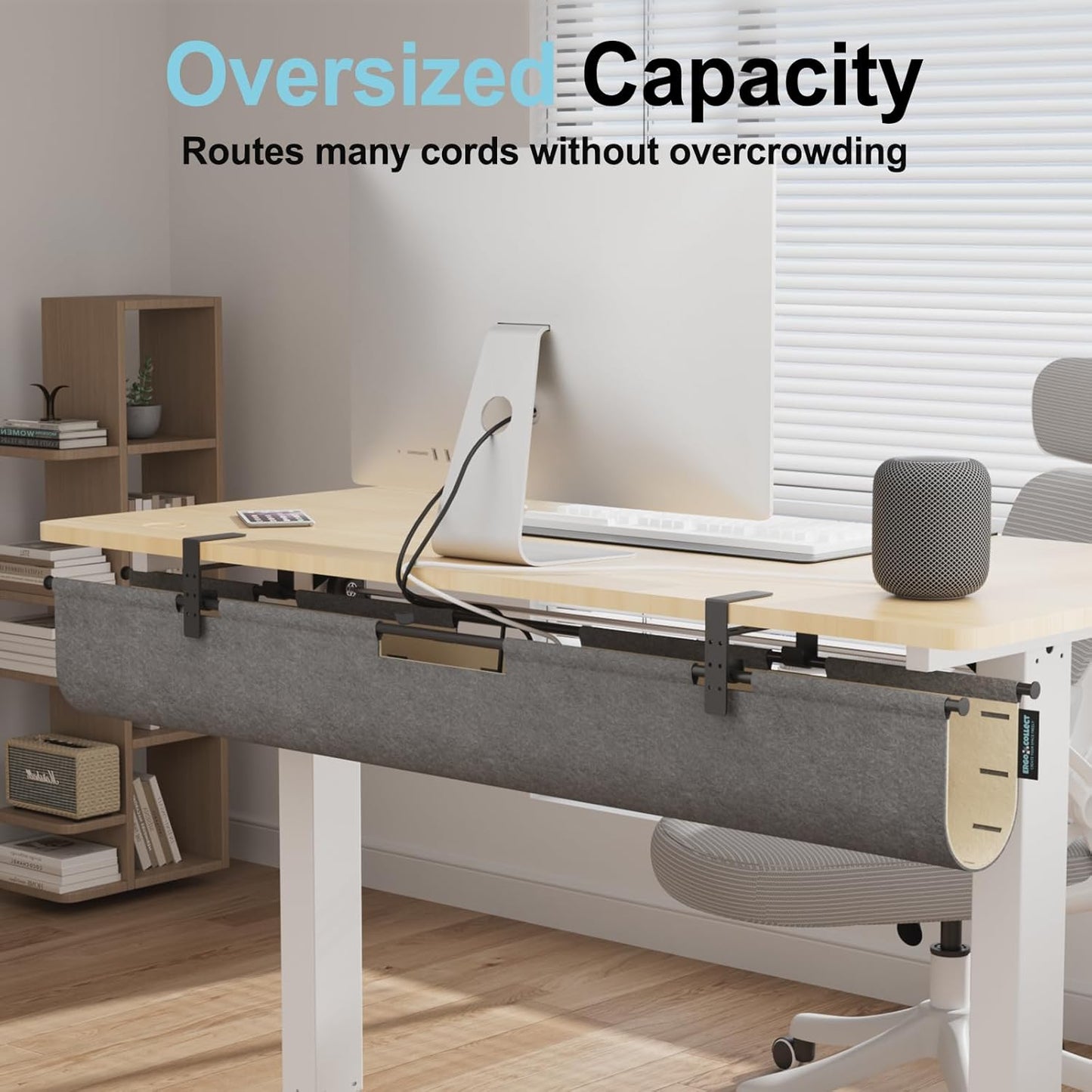 2-in-1 Under Desk Cable Management Tray & Privacy Panel, Dual-Sided Thick Felt Cord Organizer with 20 Cable Ties,Heavy Duty Steel Frame Support, No-Drill Clamp Mount,Large Capacity (Khaki/Gray, 45.2")