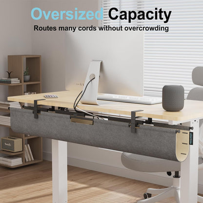 2-in-1 Under Desk Cable Management Tray & Privacy Panel, Dual-Sided Thick Felt Cord Organizer with 20 Cable Ties,Heavy Duty Steel Frame Support, No-Drill Clamp Mount,Large Capacity (Khaki/Gray, 45.2")