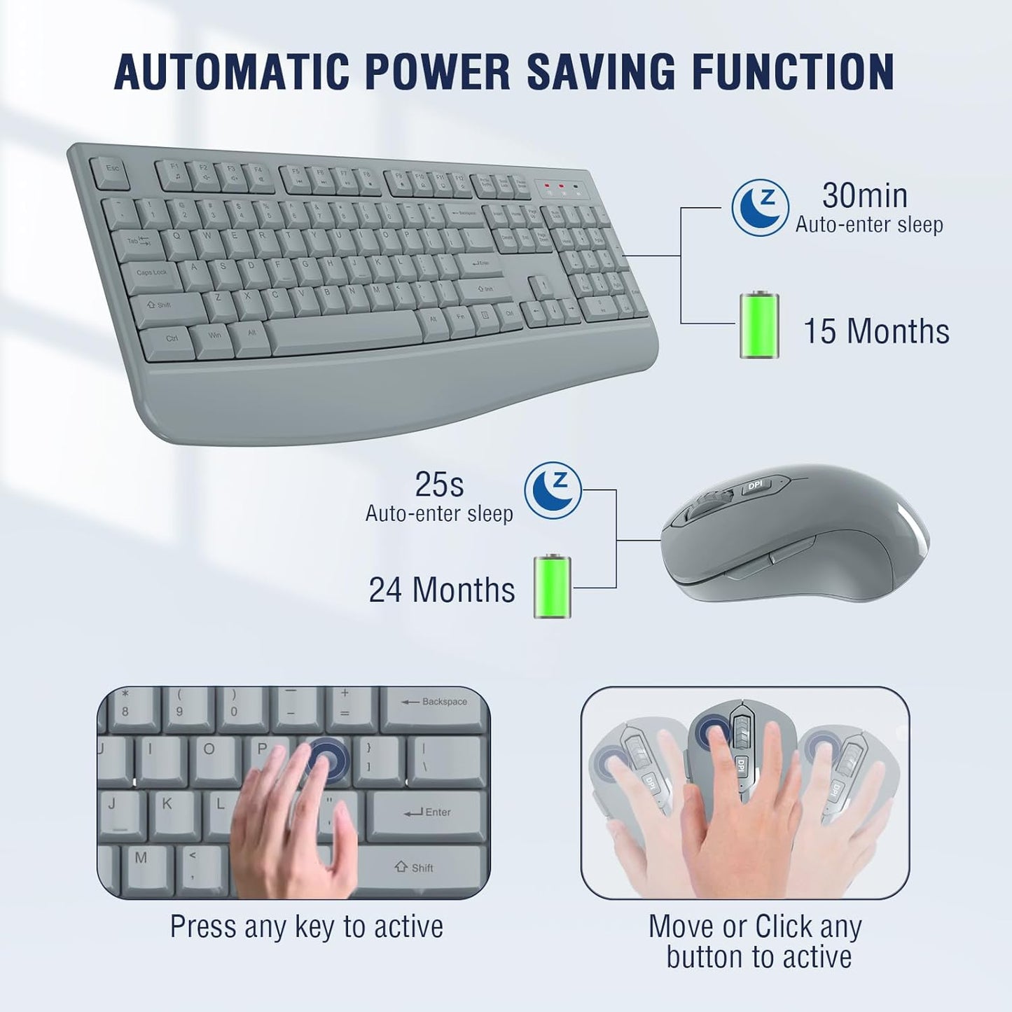 Wireless Keyboard and Mouse Combo, EDJO 2.4G Full-Sized Ergonomic Computer Keyboard with Wrist Rest and 3 Level DPI Adjustable Wireless Mouse for Windows, Mac OS Desktop/Laptop/PC
