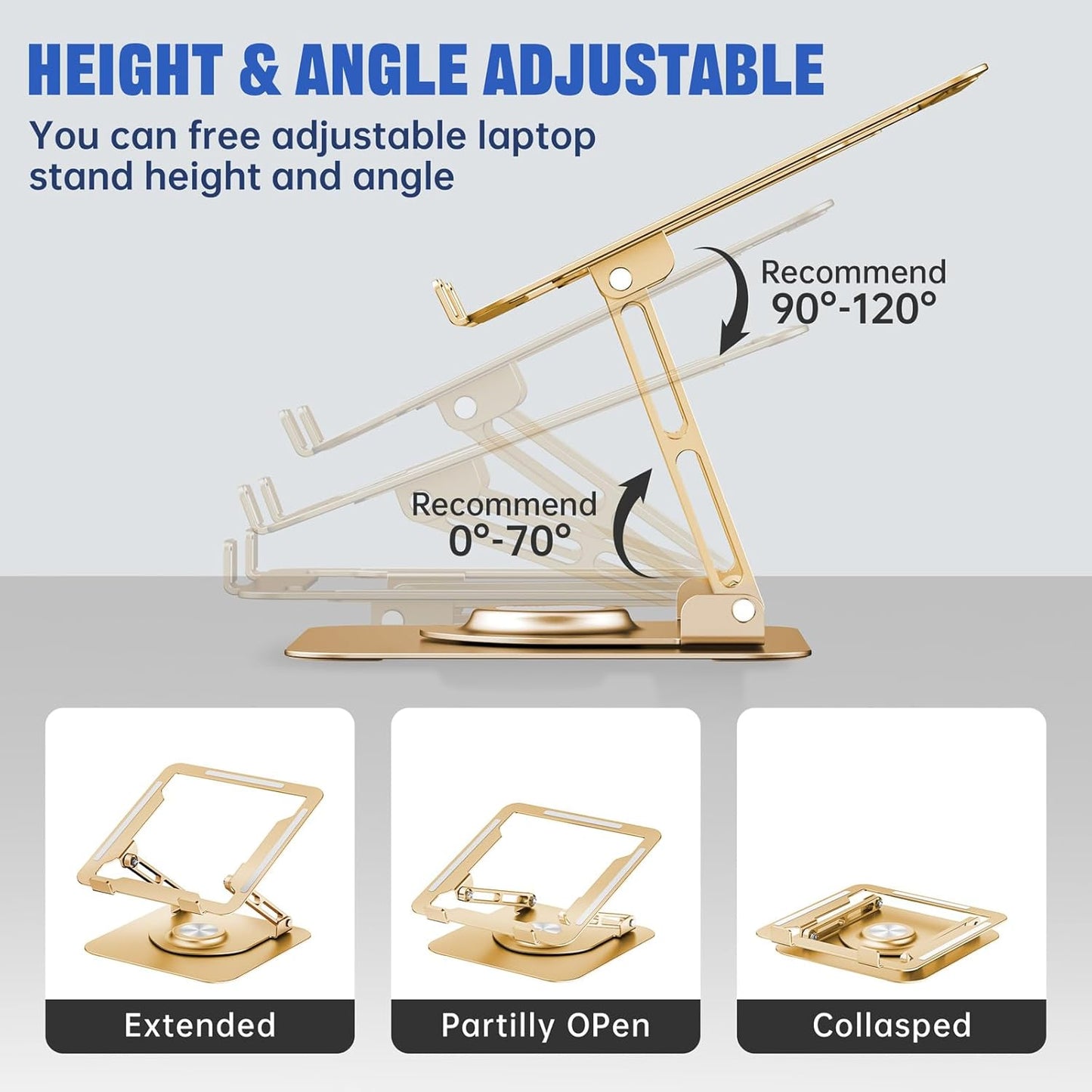 JOYEKY Laptop Stand for Desk, Adjustable Computer Stand with 360° Rotating Base, Ergonomic Laptop Riser for Collaborative Work, Foldable & Portable Laptop Stand, fits for All 10-16" Laptops (Grey)