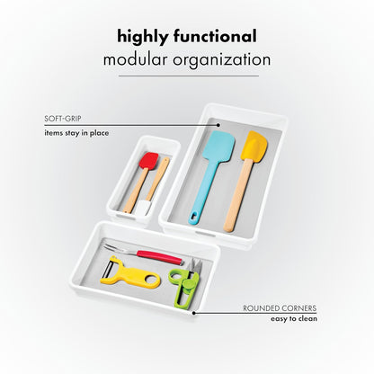 madesmart 3 Bin Drawer Organizer Set, Multi Purpose Storage for Utensils, Office & Bathroom, Organizer for Cutlery, Peeling Tools, Spatulas, Soft Grip Lining, Durable & Easy to Clean, White