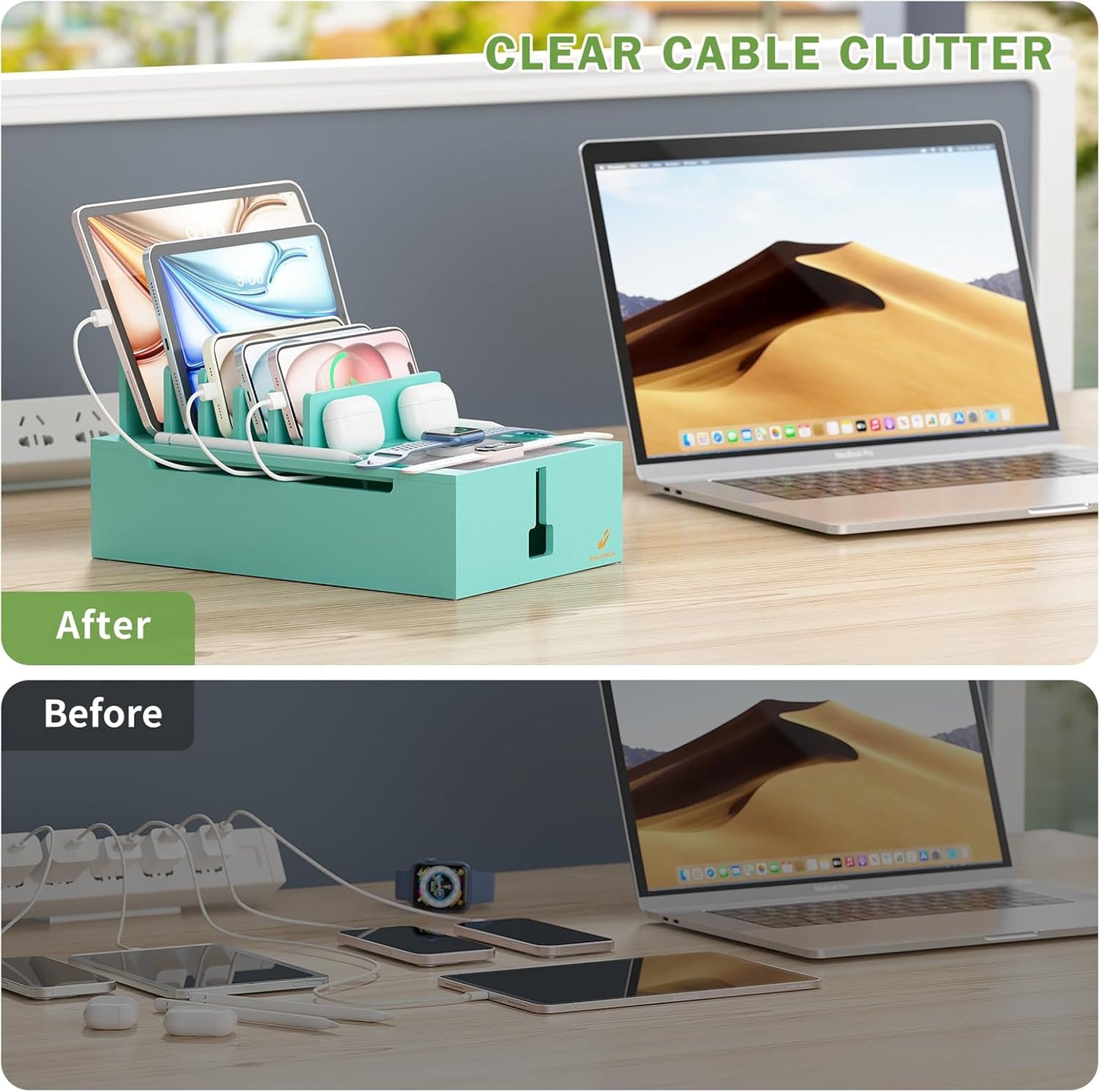 Pezin & Hulin Bamboo Charging Station for Multiple Devices, USB Charger Dock Organizer, with Power Supply (10 Ports HUB), 6 Cables, Cable Management Organizer for Cell Phones, Tablets -Natural+White