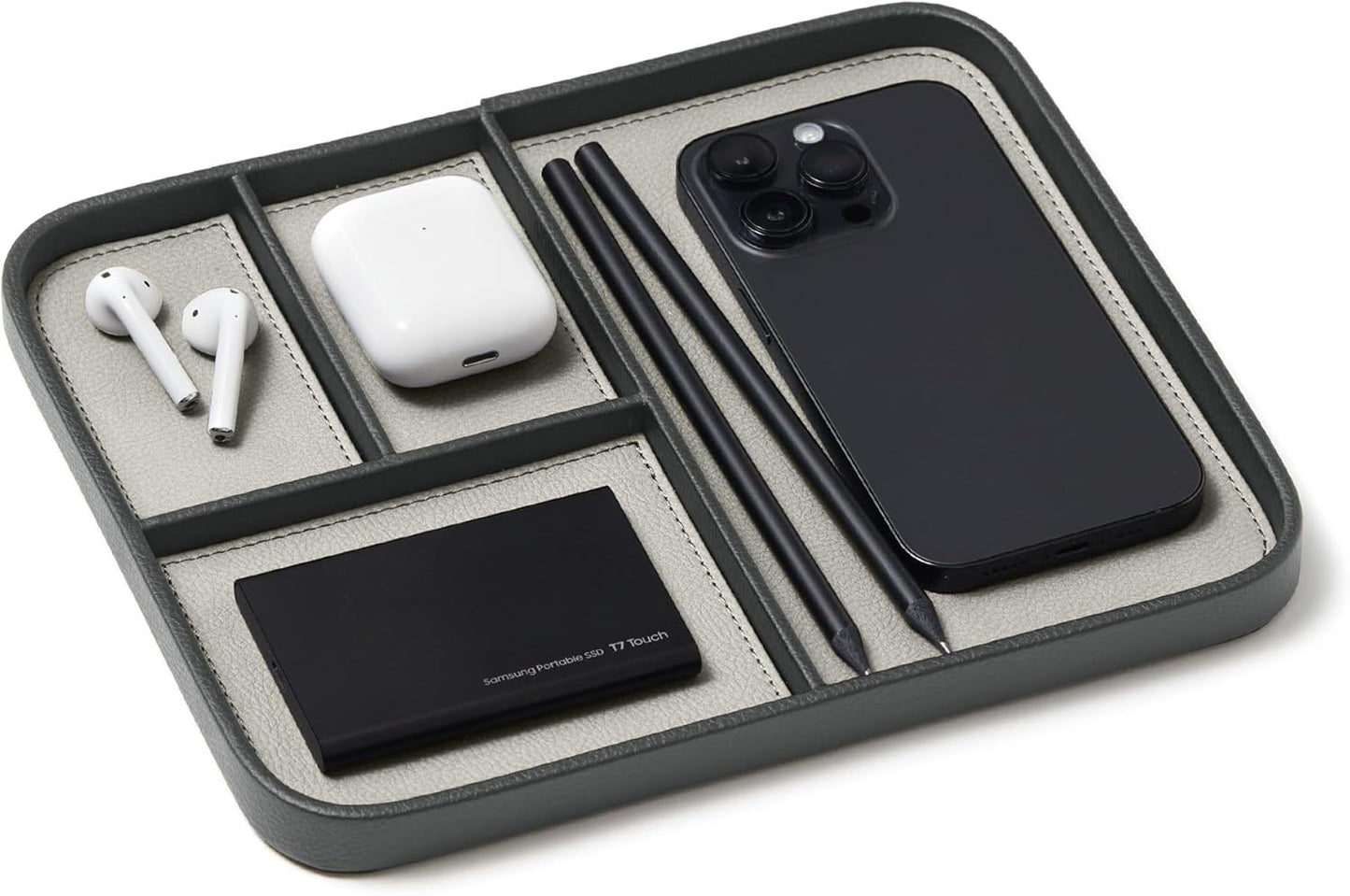 Nordik Leather Valet Tray - Pebble Black - 9.5 x 7.9 Inch Medium Vegan Leather Tray - Stylish Nightstand Organizer for Men - Modern Bedside Caddy - EDC Catchall for Key Watch Wallet Jewellery