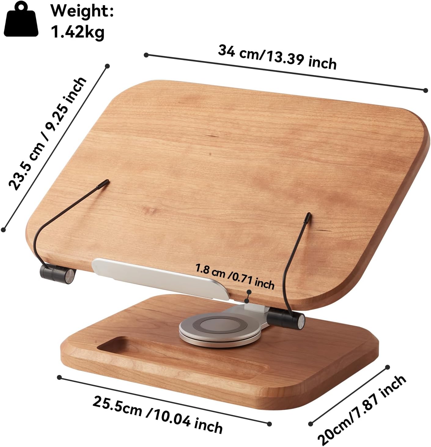 Book Stand for Reading, Mayhas Adjustable Book Holder with 360° Swivel Base&Page Clips, Foldable Desktop Stand for Cookbook, Fits All Books (Walnut, Wood Base)