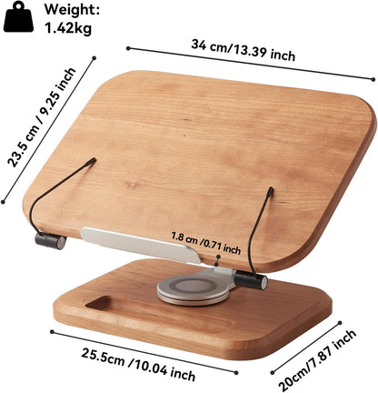 Book Stand for Reading, Mayhas Adjustable Book Holder with 360° Swivel Base&Page Clips, Foldable Desktop Stand for Cookbook, Fits All Books (Walnut, Wood Base)