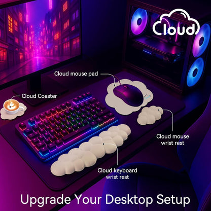 Sushret Cloud Wrist Rest for Computer Keyboard, 4-in-1 Memory Foam Leather Cloud Keyboard Wrist Rest and Mouse Pad Set with Ergonomic Support for Arm and Palm Cushion, Gaming/Work Setup, Rainbow