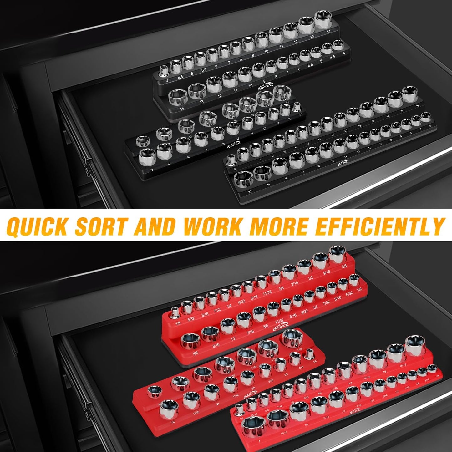 GOOACC 1/4" Magnetic Socket Organizer, 2 Pieces Socket Holder Metric SAE Socket Tray, 1/4 inch Socket Organizer Tray Holds 52 Standard Sockets for Tool Box Drawer