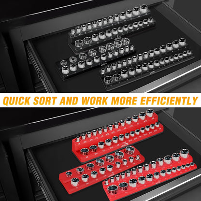 GOOACC 1/4" Magnetic Socket Organizer, 2 Pieces Socket Holder Metric SAE Socket Tray, 1/4 inch Socket Organizer Tray Holds 52 Standard Sockets for Tool Box Drawer