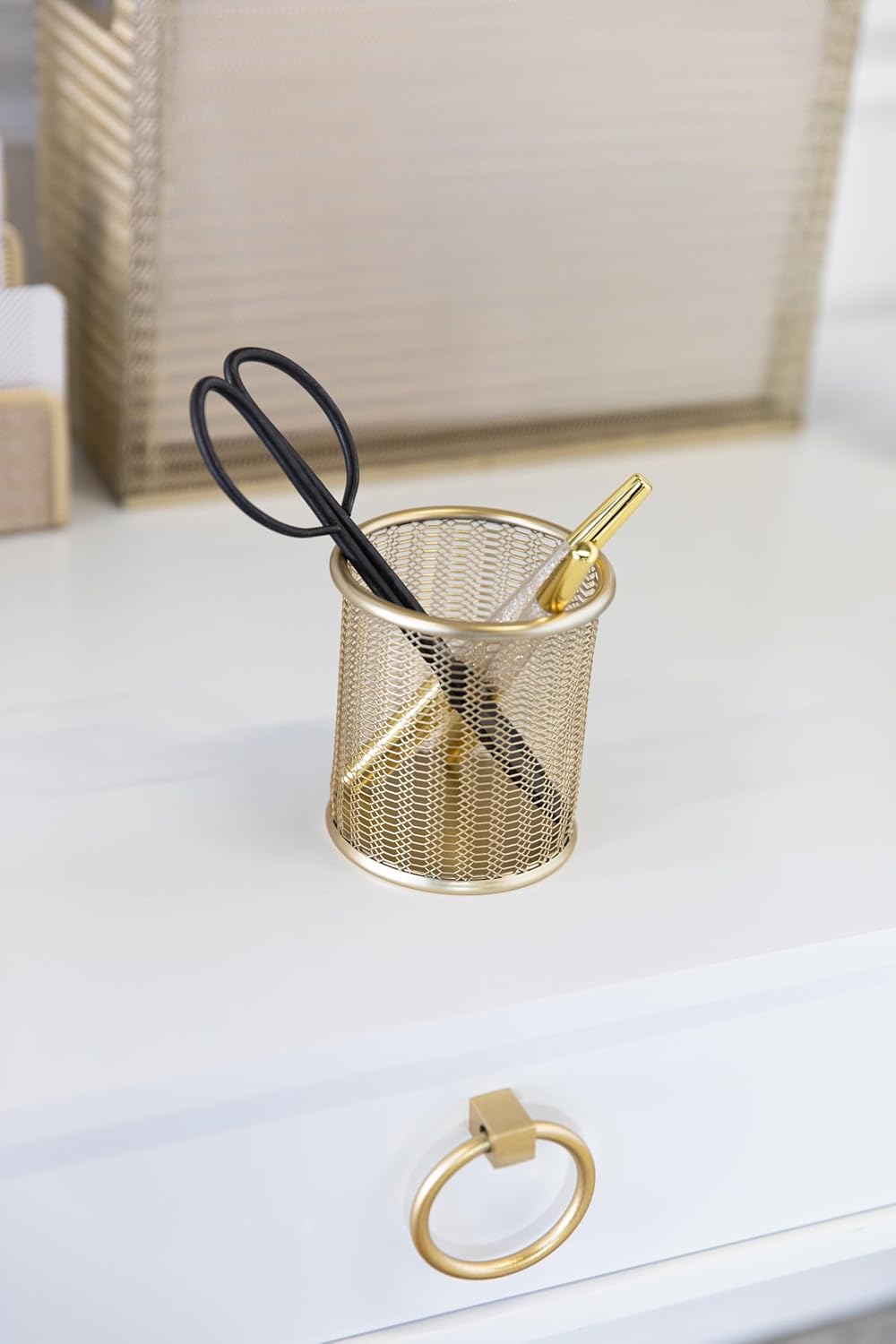 BLU MONACO | Gold Metal Mesh Pen Holder for Desk | Cute Pen Holder for Desk for Women | Wire Mesh Desk Organizer Pencil Cup for Office Workspace