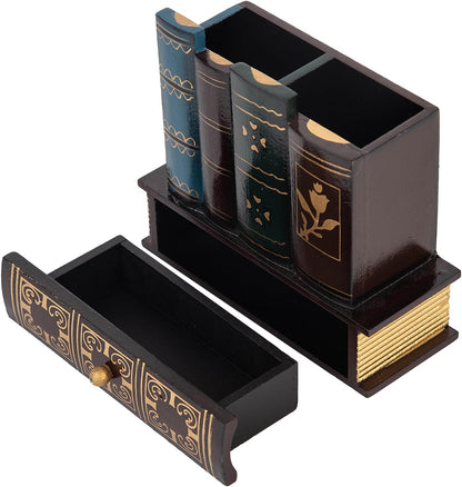 VERGOODR Decorative Pencil and Pen Holder with Storage Drawer, Wooden Desk Organizer Caddy, Antique Library Books Design Pen Cup for Office Supplies, Countertop, Desk,Table (Reddish brown)