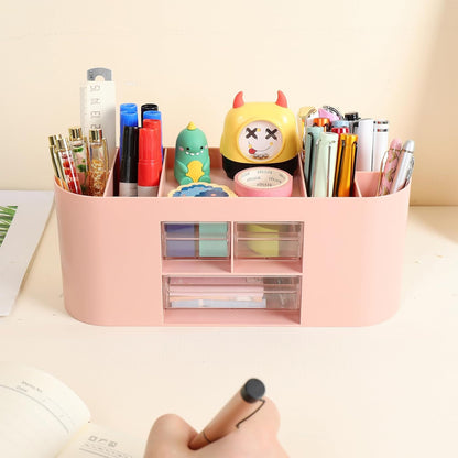 INSTOME Pencil Pen Holder for Desk with 3 Drawers - All-In-One Desk Organizer - Perfect Desk Accessories for Office Use - Stylish & Convenient Desk Organizers and Accessories (Beige)