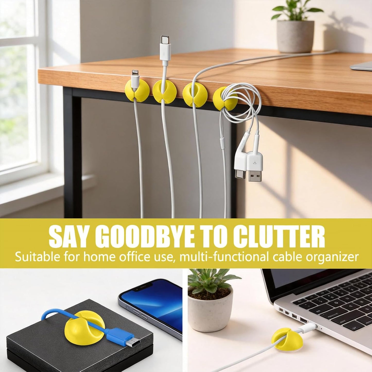 3PCS Cord Holder Cable Clips, Round Silicone Adhesive Cord Organizer Charger Holder Wire Management Keeper for Home, Nightstand, Desk, Office or Mouse, Light Green