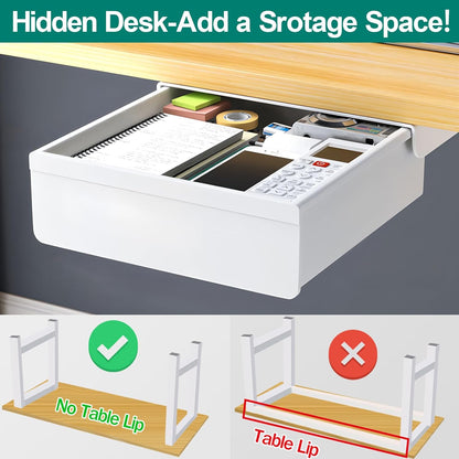 SVNNELP Under Desk Table Drawer Storage Organizer, Slide Out Drawer with 4 Compartments Divider,Pencil Storage Self-Adhesive Tray Under Table (M/Clear Black+White)