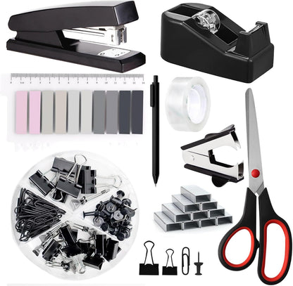suniya Office Supplies,Gold Desk Accessories,with Stapler,Tape Dispenser,Pen Holder,Scissors,Phone Stand,Staple Remover,Ballpoint Pen,Clear Tape, Staples,Ruler,Clips,Best Gift for Business or Boss