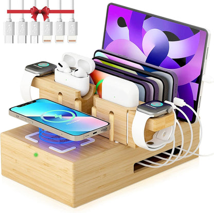 Bamboo Wireless Charging Station for Multiple Devices - Wood Docking Station Organizer, Qi Certified Fast Wireless Charger, 7 USB Charging Ports for Cellphone, Smart Watch, Earbuds, Tablet