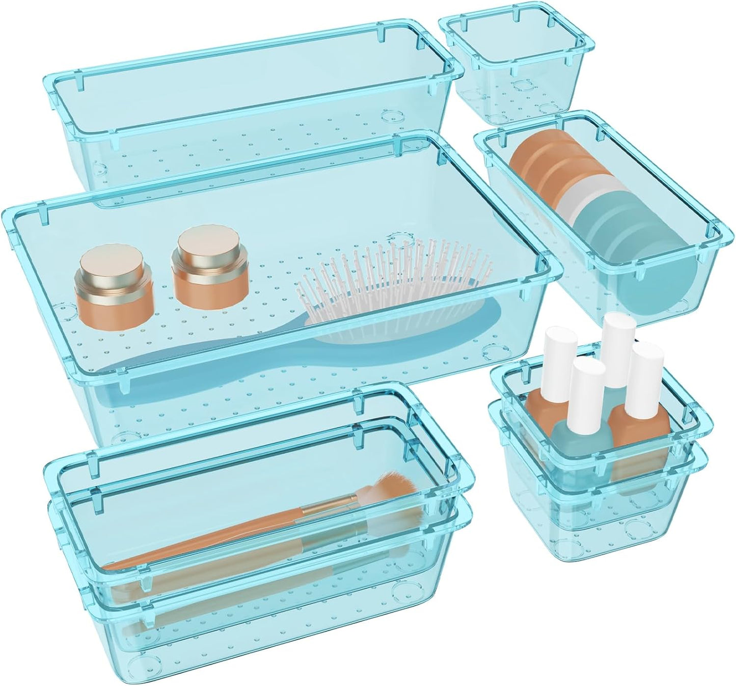 WOWBOX 32 PCS Clear Plastic Drawer Organizer Set, 4 Sizes Desk Drawer Organization and Storage Containers for Makeup, Cosmetics, Jewelry and Gadgets in Kitchen, Bathroom, Bedroom, Office, Clear Black