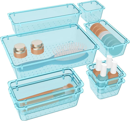 WOWBOX 32 PCS Clear Plastic Drawer Organizer Set, 4 Sizes Desk Drawer Organization and Storage Containers for Makeup, Cosmetics, Jewelry and Gadgets in Kitchen, Bathroom, Bedroom, Office, Clear Black