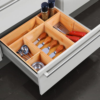 Bamboo Drawer Organizer,5 PCS White Bathroom Tray&Desk Organizers and Storage,Cabinet Divider With Removable Silverware Organization for Kitchen,Utensils,Junk,Office,Makeup