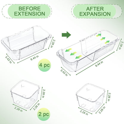 6 Pcs Clear Drawer Organizer, Adjustable Storage Bins (2 Sizes), Desk and Dresser Organizers for Makeup, Cosmetics, Kitchen Utensils, Bedroom, and Gadgets