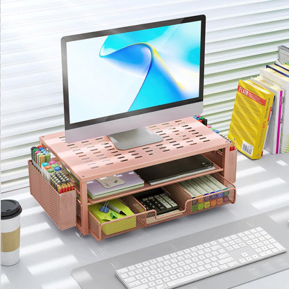 gianotter Wood Monitor Stand Riser, Office Desk Shelf Organizer, Desk Organizer with Drawer and Pen Holder, 2-Tier Computer Stand, Office Organization (Ink)