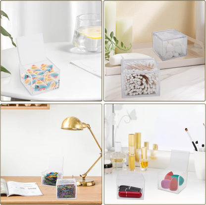 2 Pack Small Clear Acrylic Organizer with Lid for Paper Clips,Sticky Note,Qtip,Cotton Balls,Hair Ties Holder Acrylic Box for Home office Bathroom Desk Organizer