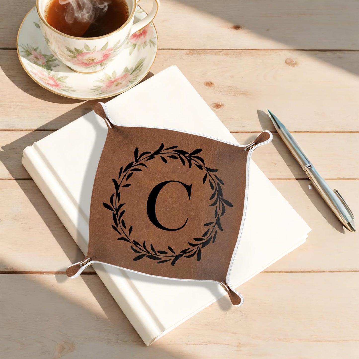 Gifts for Boyfriend Initial Valet Tray,Personalized Gifts for Dad Husband Boyfriend Grandpa,Nightstand Desk Accessories PU Leather Tray Organizer for Birthday Ideas (M)
