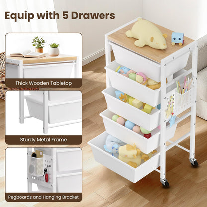 Rolling Cart with 3 Drawers, Plastic Drawer Storage Carts with Lockable Wheels & Wooden Tabletop, Metal Utility Cart Organizer, Office Bedroom Classroom Craft Organization and Storage, Bright White