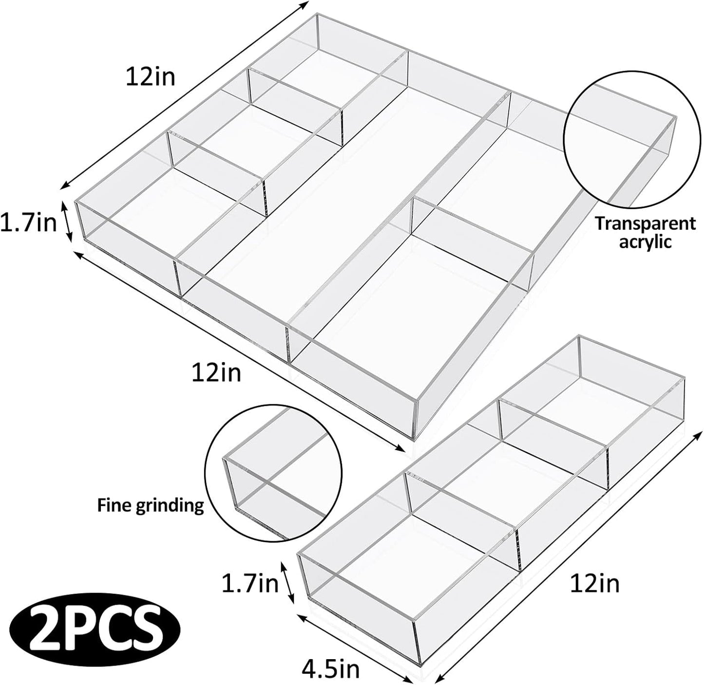 Chunful 2 Pieces Makeup Drawer Organizer 6 Section Clear Desk Organizer with Dividers 3 Section Acrylic Makeup Tray Divided Drawer Inserts Sectioned Tray Storage