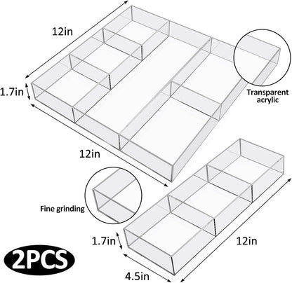 Chunful 2 Pieces Makeup Drawer Organizer 6 Section Clear Desk Organizer with Dividers 3 Section Acrylic Makeup Tray Divided Drawer Inserts Sectioned Tray Storage