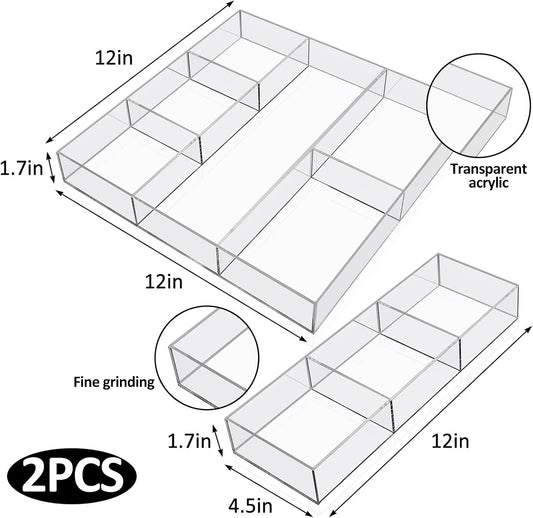 Chunful 2 Pieces Makeup Drawer Organizer 6 Section Clear Desk Organizer with Dividers 3 Section Acrylic Makeup Tray Divided Drawer Inserts Sectioned Tray Storage