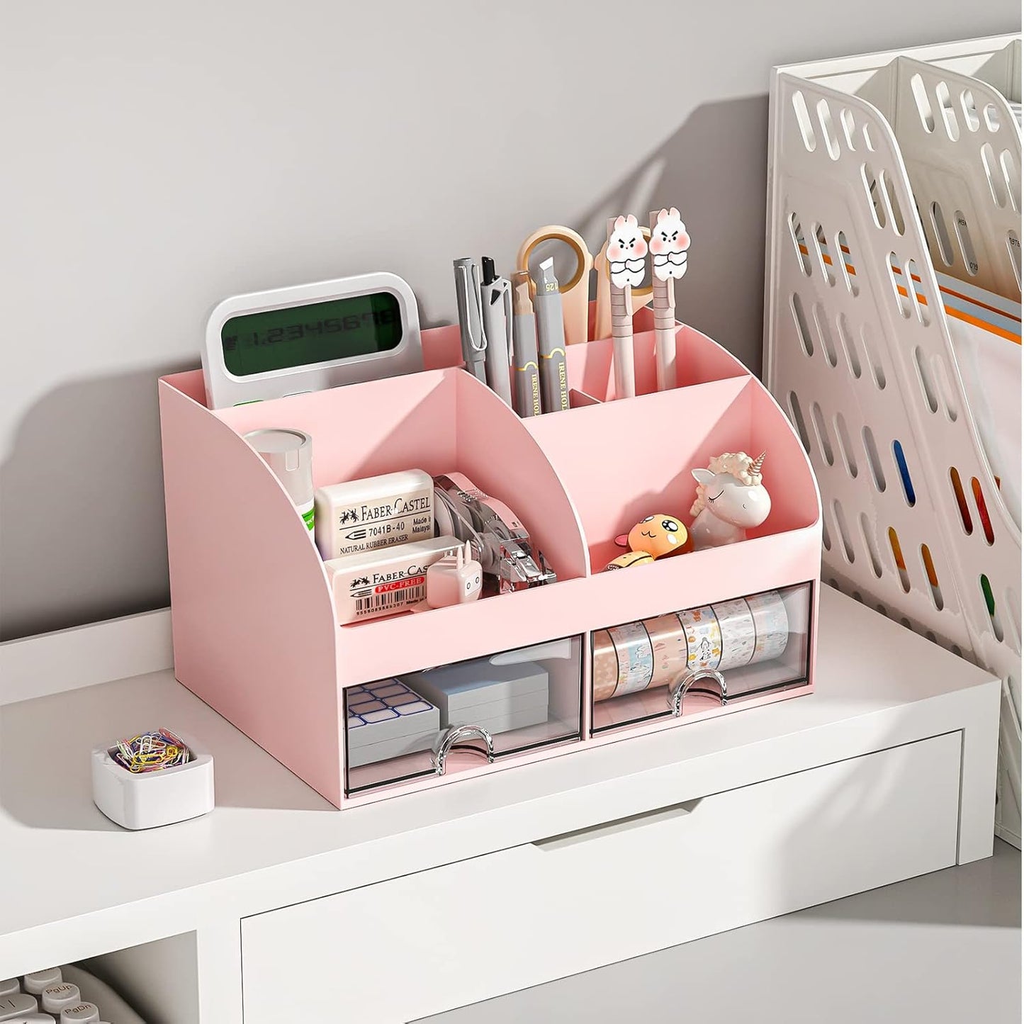 COMFYROOM Desk Organizer with 6 Compartments and 2 Drawers, Plastic Makeup Organizer, Pen Holder for Desktop Storage, Desk Organization for School, Home, Office Supplies (White)