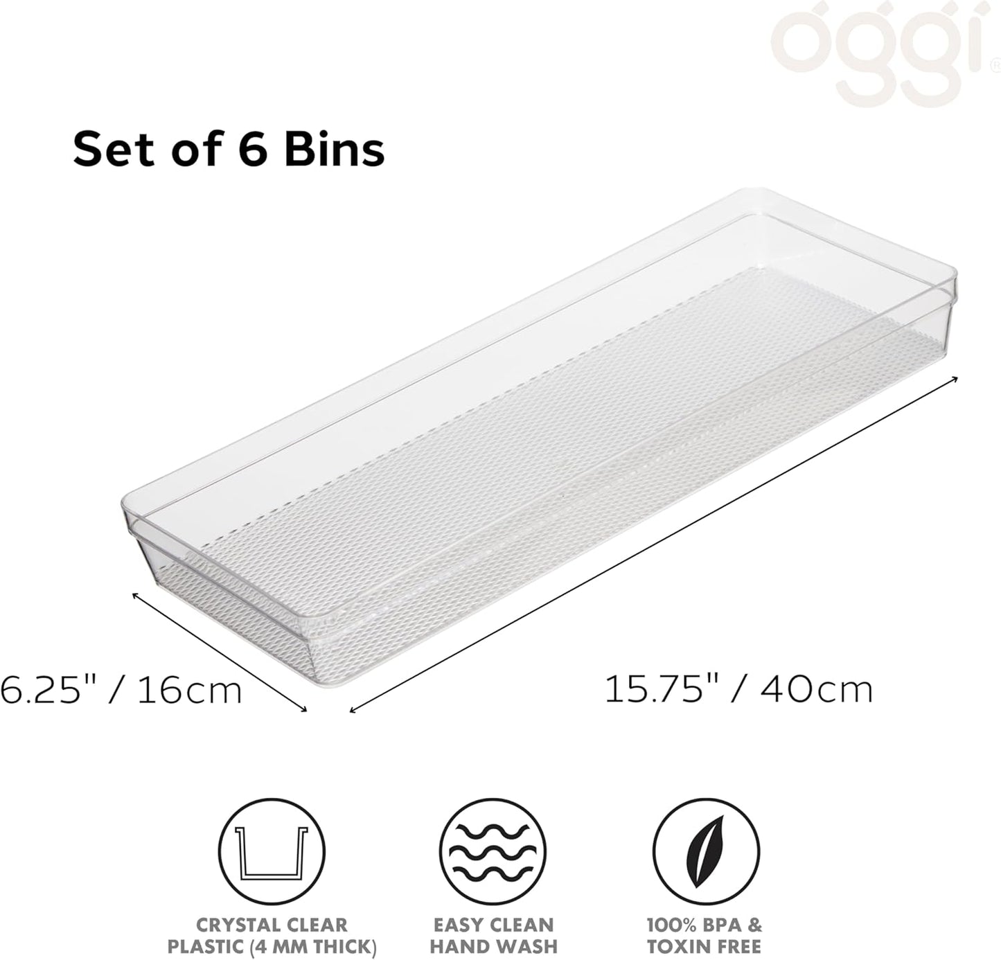 Oggi Clear Drawer Organizer - 3" X 9.5" (Set of 6) - Ideal for Organizing Kitchen Drawers, Office, Desk, Silverware, Kitchen Utensils, Cosmetics and Bathrooms