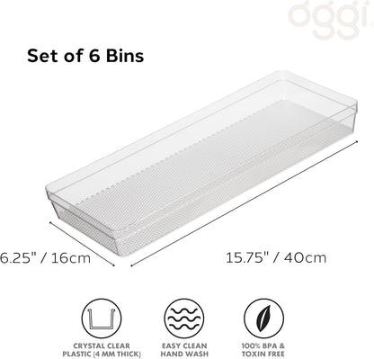Oggi Clear Drawer Organizer - 3" X 9.5" (Set of 6) - Ideal for Organizing Kitchen Drawers, Office, Desk, Silverware, Kitchen Utensils, Cosmetics and Bathrooms