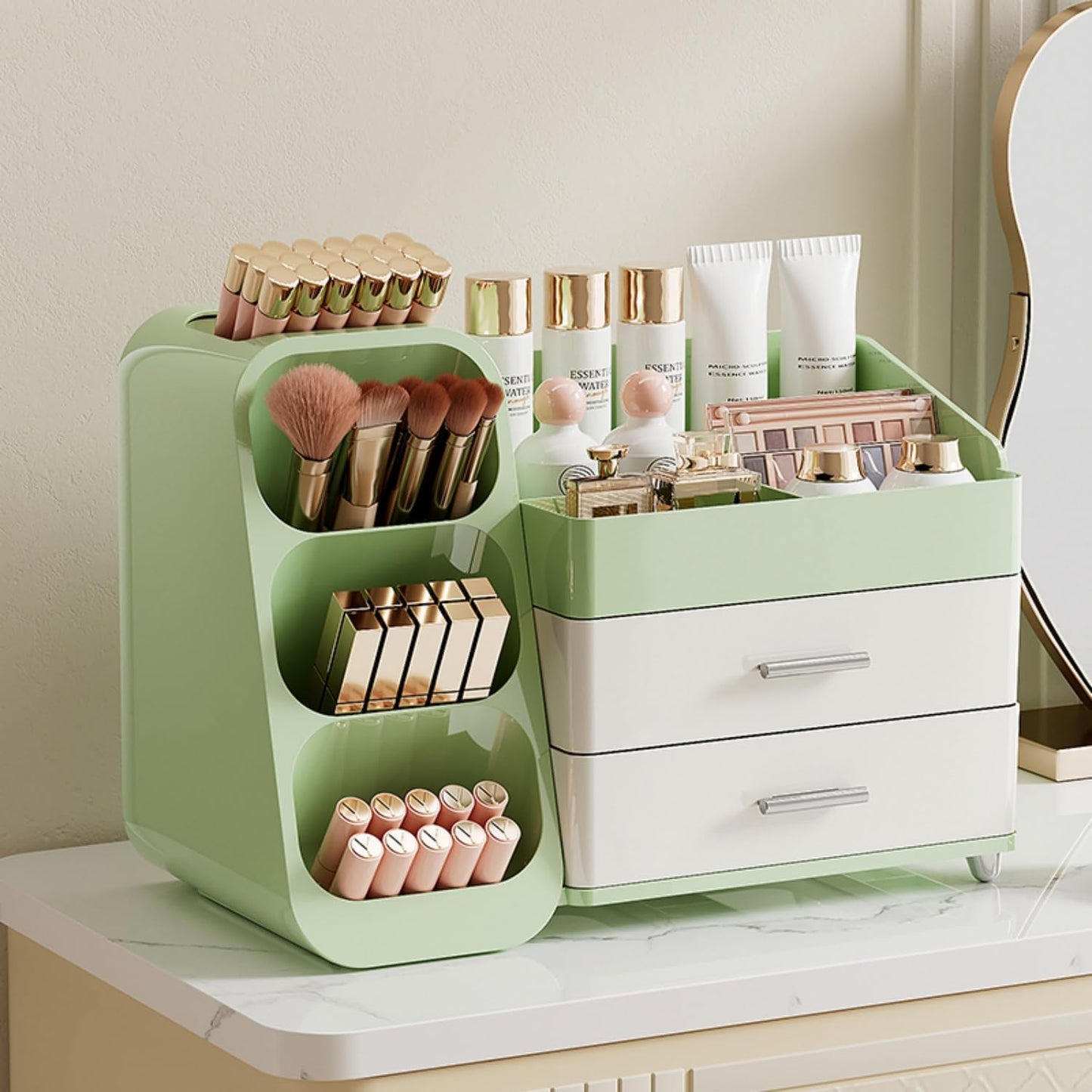 Booklov Makeup Organizer for Vanity, Countertop Cosmetic Display Case with Clear Acrylic Drawers, Bathroom Counter Beauty Caddy, Cute Table Storage Holder for Skincare, Brush Lipsticks, Crystal White