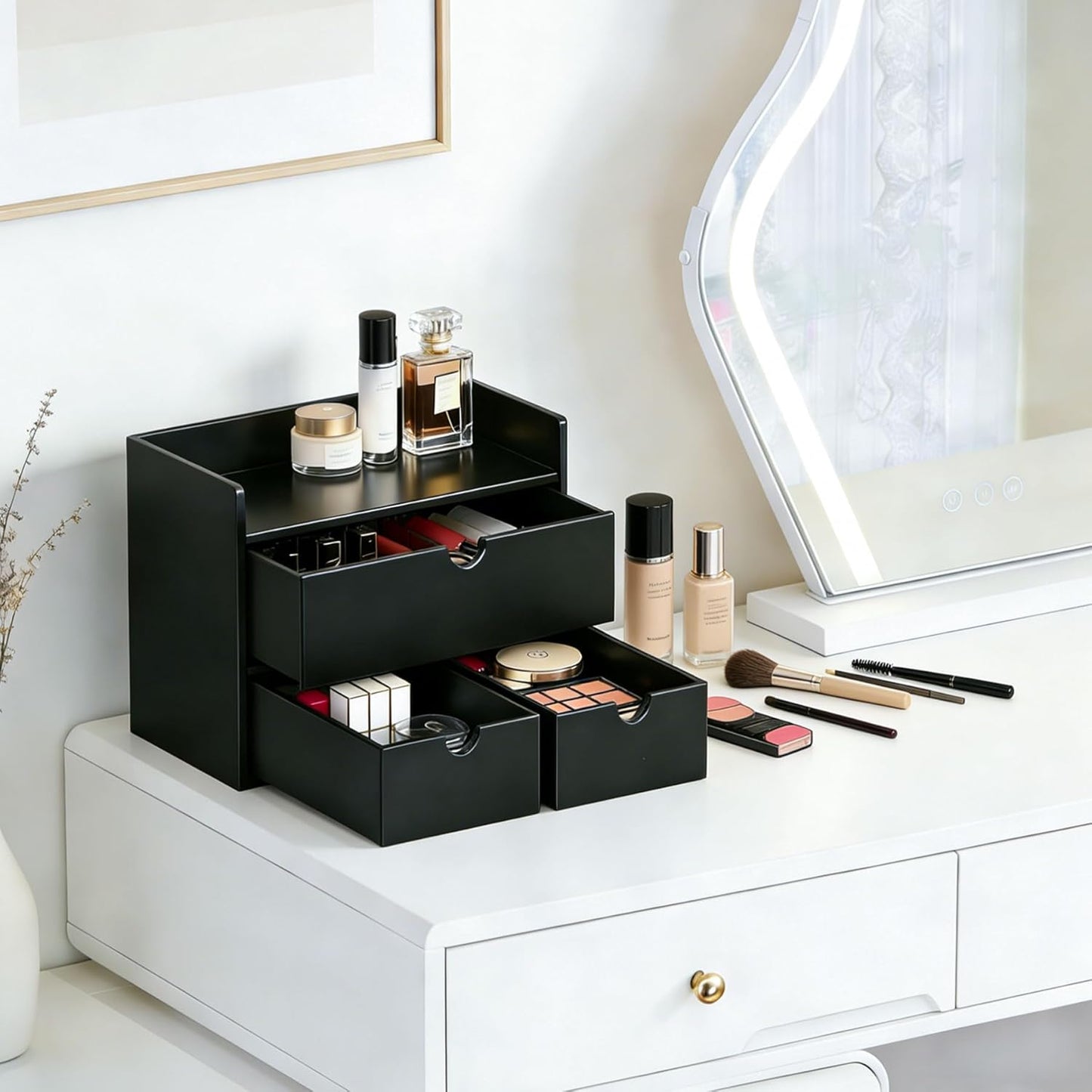 Bamboo Desk Organizer with Drawers,Mini Bamboo Desk Drawer,Can be used for storing bills, office supplies and kitchen utensils, and is suitable for storing in families and classrooms. (black)