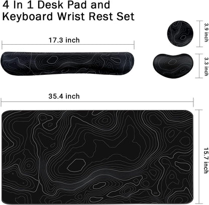 4-in-1 Large Gaming Mouse Pad, Keyboard Wrist Rest Pad & Wrist Support Mousepad Set, Extended Desk Pad Waterproof Desk Mat for Home Office Study Game-Black