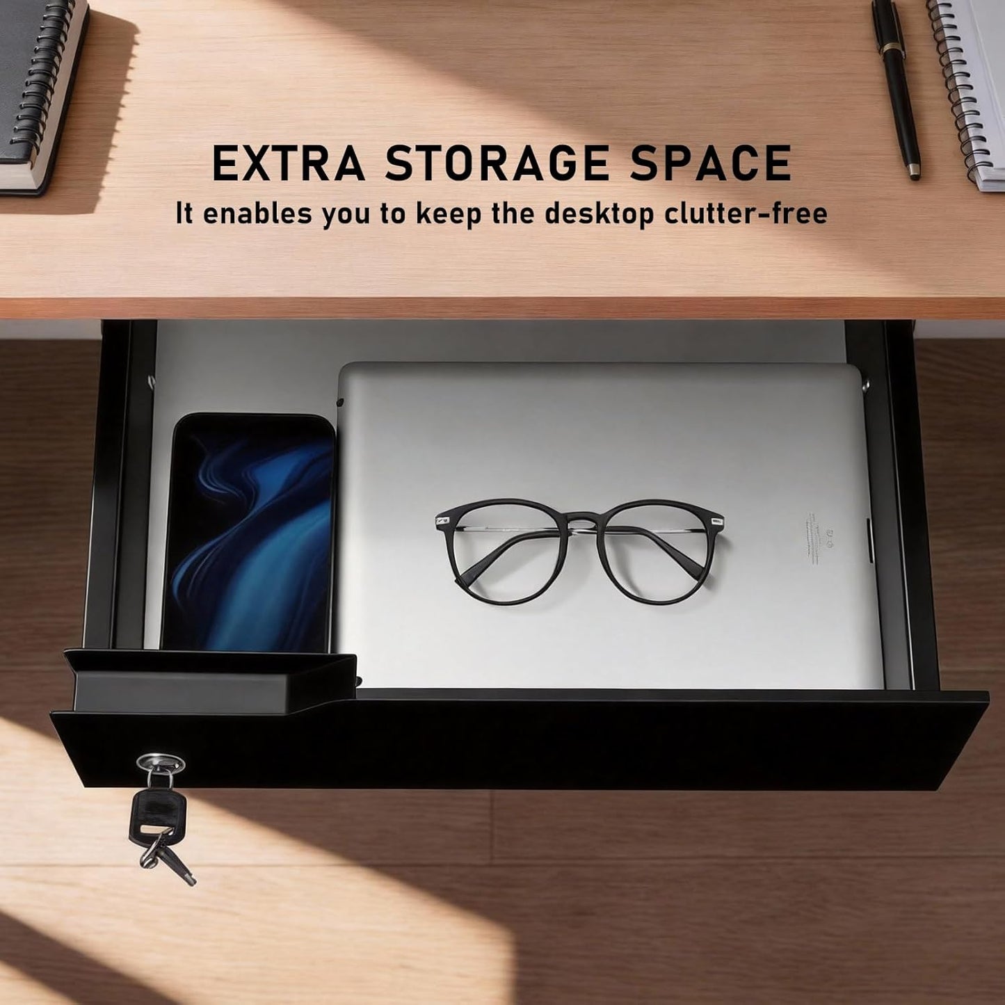 Under Desk Drawer Storage with Lock, Metal Undermount Table Drawer, Ball Bearing Slides Out Tray Organizer for Paper, Pencil, and Laptop 16"x11.8"x3.6", White