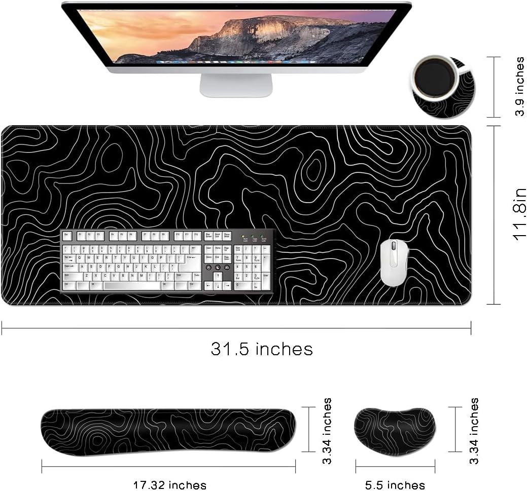 MIBITRI Keyboard Mouse Pad Set, Extended Gaming Mouse Pad+Ergonomics Keyboard Wrist Rest Support, Memory Foam, Easy Typing Pain Relief, 4Pcs XXL Ultra Thick Desk Mat, Enchanted Bookshelf