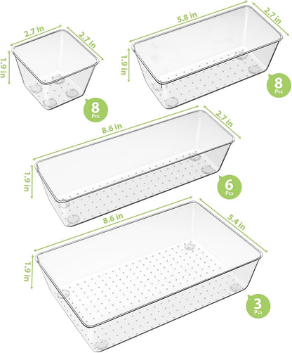 12 Piece Clear Drawer Organizer Set, 3 Sizes Bathroom Vanity Organizer Trays and Storage Bins for Makeup, Cosmetics, Jewelry, and Gadgets. Perfect for Office, Kitchen, Bedroom, Bathroom Use.