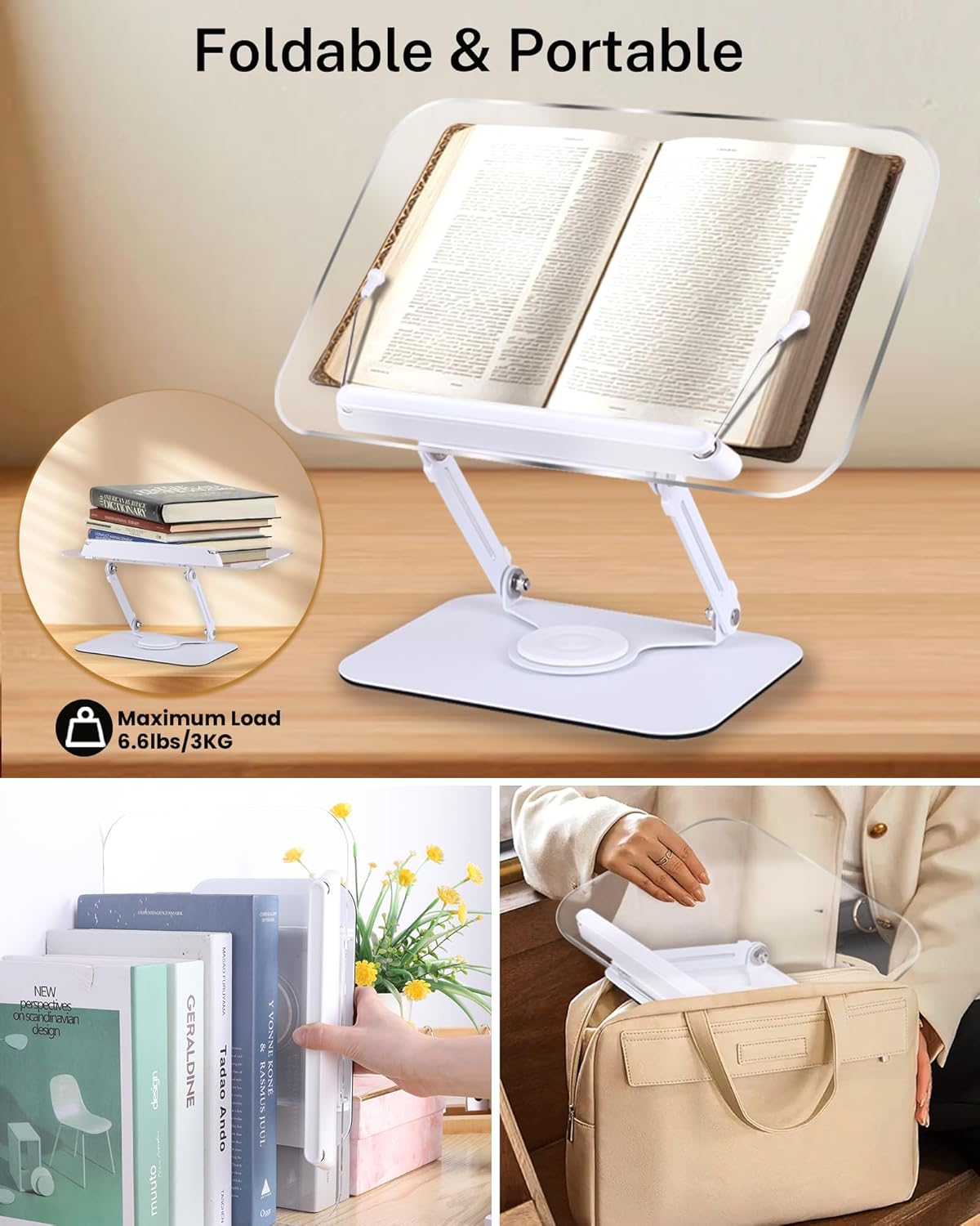 ASIEIT Desk Clamp Book Stand, Aluminum Book Holder Adjustable Height & Angle, Cookbook Stand for Kitchen, Recipe Book Holder with 360° Swivel Base, Book Stand for Reading, Office, Laptop