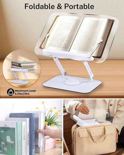 ASIEIT Desk Clamp Book Stand, Aluminum Book Holder Adjustable Height & Angle, Cookbook Stand for Kitchen, Recipe Book Holder with 360° Swivel Base, Book Stand for Reading, Office, Laptop