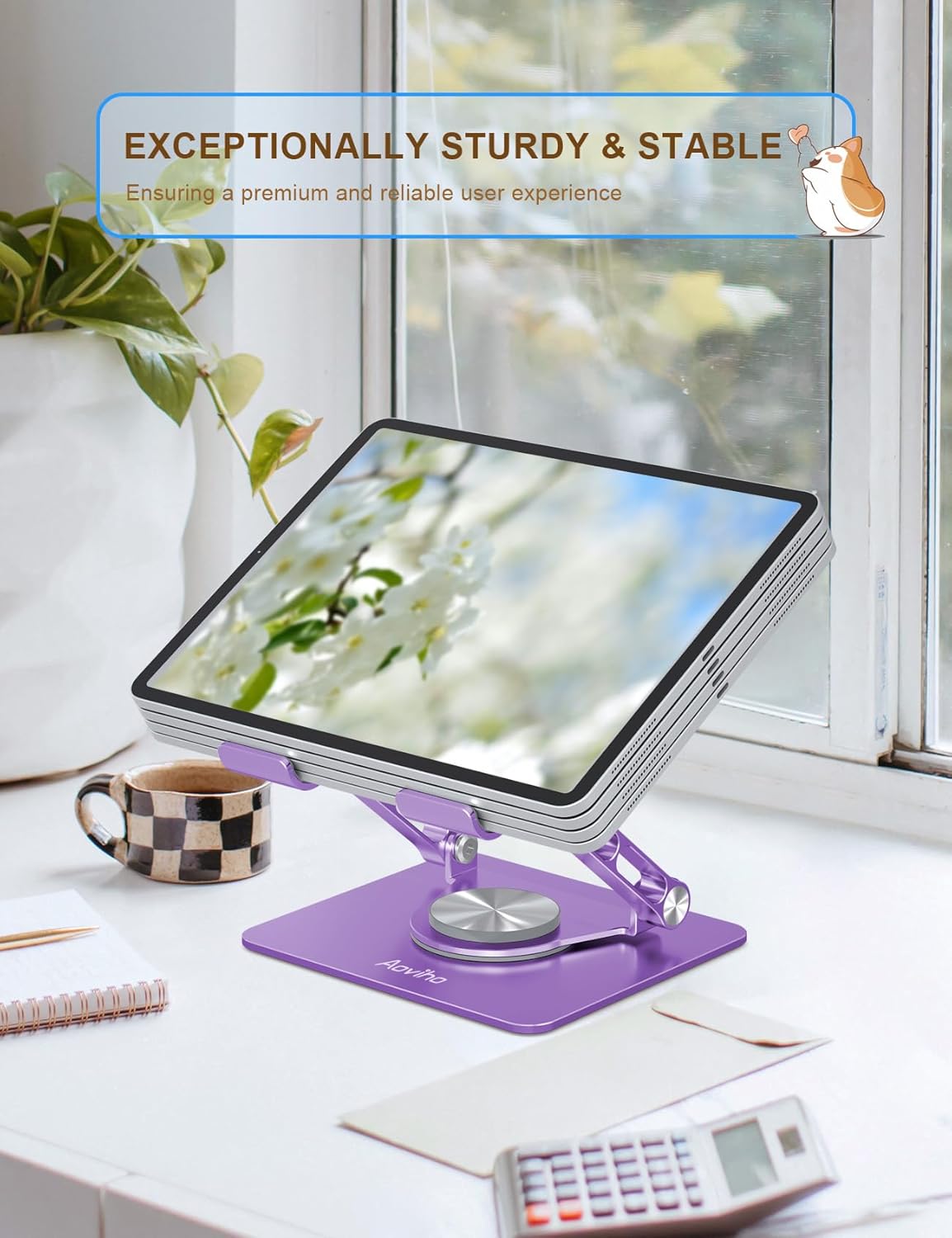 Aoviho Tablet Stand 360° Rotating Aluminum Holder - Adjustable, Portable & Foldable Monitors Stand for iPads, Compatible with 4-13.3" Tablets, Purple