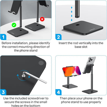 OMOTON Cell Phone Stand, Adjustable Angle Height Desk Phone Dock Holder for iPhone Air 17 Pro Max/Plus/XS/XR, Samsung Galaxy S20 / S10 / S9 / S8 and Other Phones (3.5-7.0-Inch)