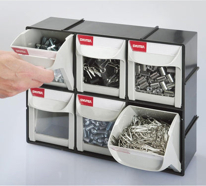 SHUTER Tilt Out Storage Cabinet w/6 Removeable Drawers, Plastic Small Parts Organiser, Stackable Storage Drawers, Tip Out Bin Kits-Included, Sewing Craft Storage Bins, Black FO-306-BK