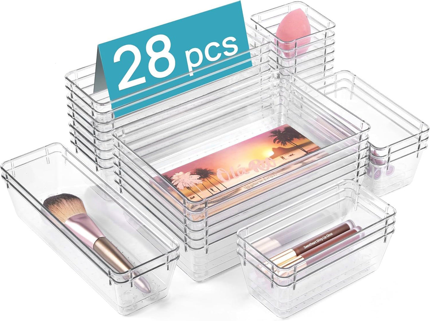 Vtopmart 66 PCS Clear Plastic Drawer Organizer Bins, 4-Size Versatile Bathroom and Vanity Organizer Trays, Acrylic Storage Containers for Makeup, Jewelry, Toiletry, Kitchen Utensils and Office Supply