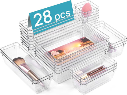 Vtopmart 66 PCS Clear Plastic Drawer Organizer Bins, 4-Size Versatile Bathroom and Vanity Organizer Trays, Acrylic Storage Containers for Makeup, Jewelry, Toiletry, Kitchen Utensils and Office Supply